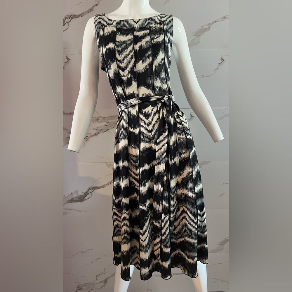 Ile New York Black & White Patterned Midi Dress - Classic Tie-Waist, Size 14